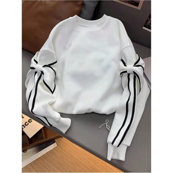 Women's Oversized Sweatshirt Polyester Bow Crew Neck Long Sleeve Casual - Picture 3 of 4